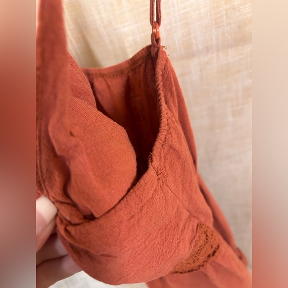 Small Rust Orange Laced Summer Flowy Short Flair Dress with Detailed Ruffling. - Picture 10 of 12